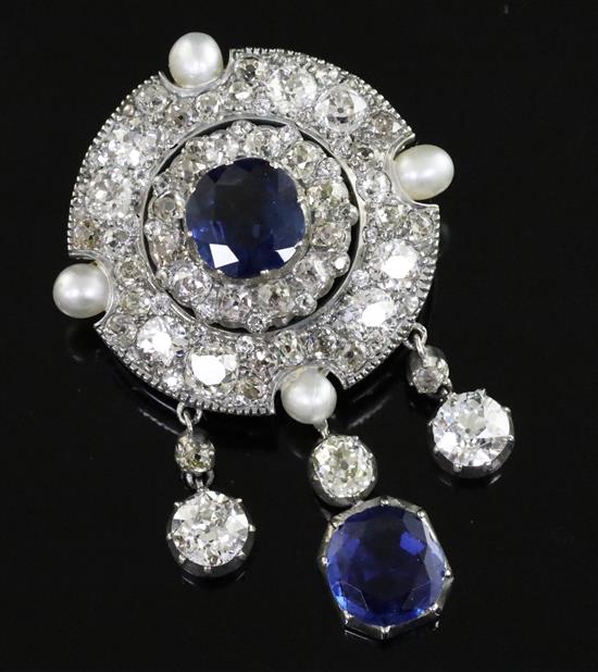 A sapphire, diamond and pearl-set target brooch-cum-pendant in bespoke Collingwood fitted case with diamond-set suspension